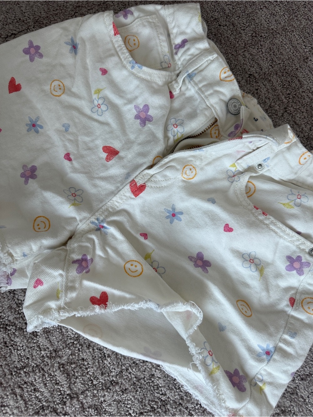 Girls 12 old navy White Floral Heart smiley rainbow Print Jean denim shorts